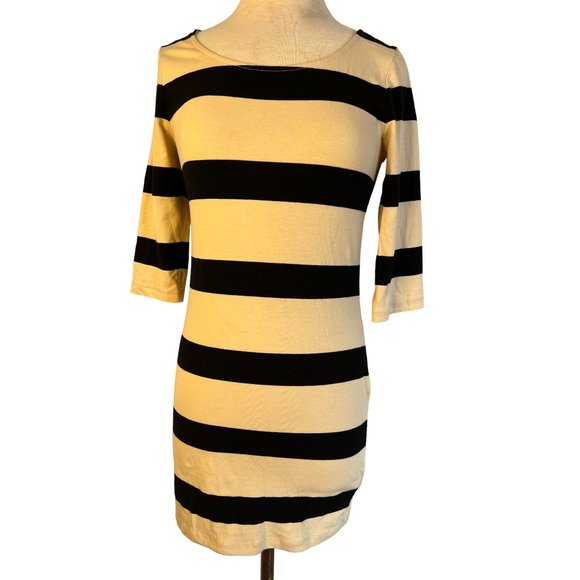 Xaci Women’s Dress Large Fitted Black Beige Mini Stretch 3/4 Sleeve Stripes - Picture 1 of 14